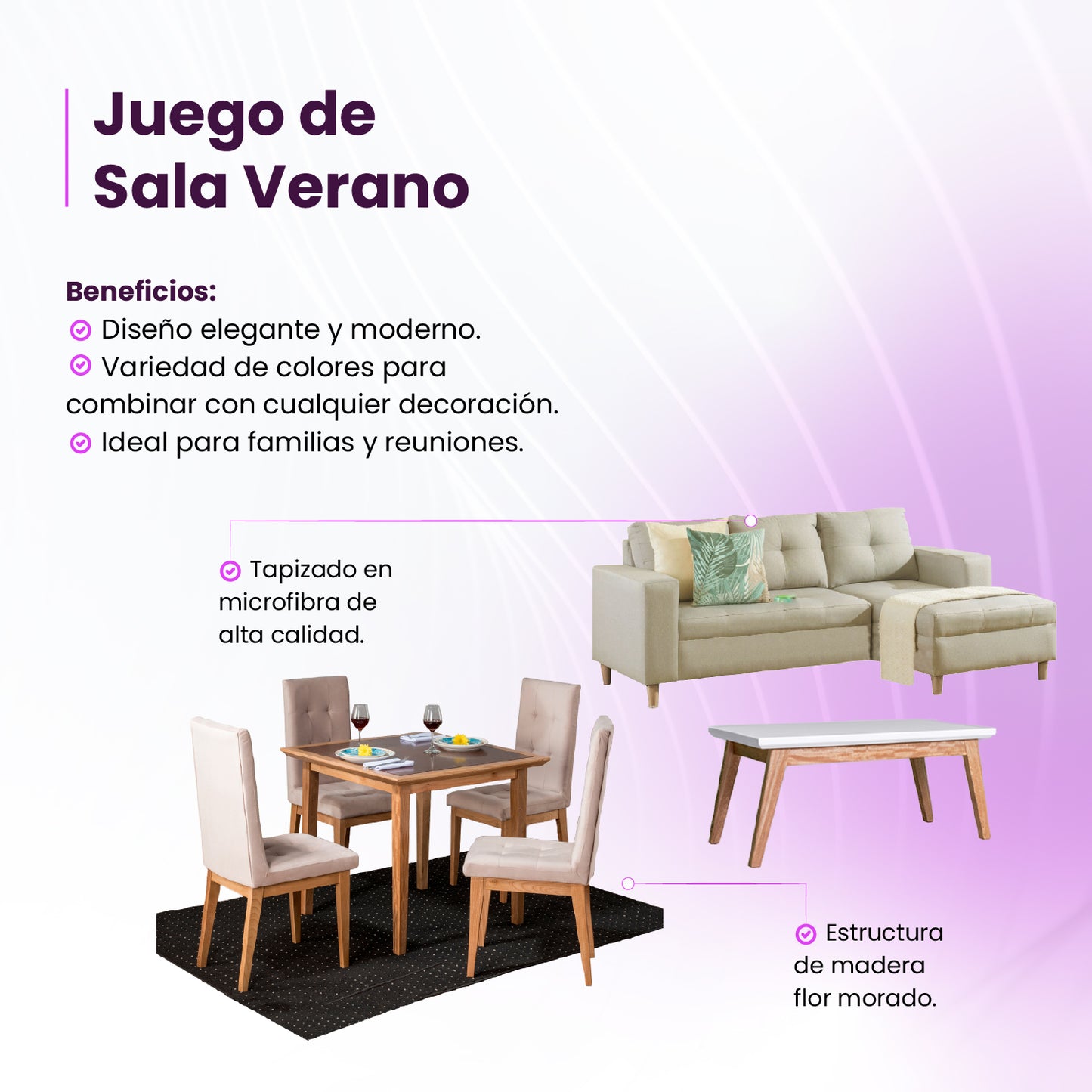 Juego de sala Verano (Sala en L Izquierda + Comedor 4 puestos + Mesa Auxiliar)