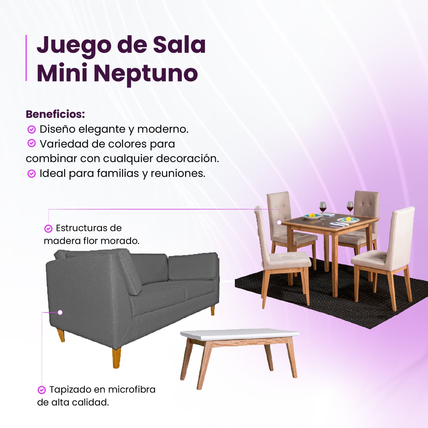 Juego de sala Mini Neptuno (Sofá 3 Ptos + Comedor 4 Ptos + Mesa Auxiliar)