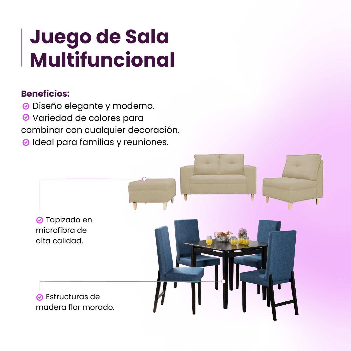 Juego de sala Multifuncional (Sofá 2 Ptos + Poltronal + Puff + Comedor 4 Ptos)