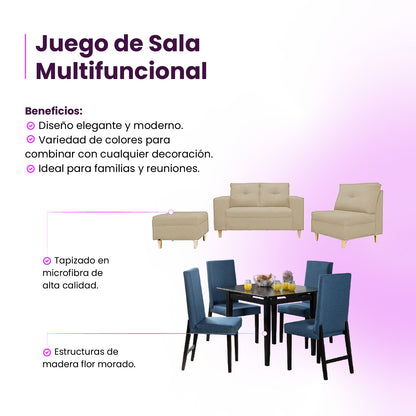 Juego de sala Multifuncional (Sofá 2 Ptos + Poltronal + Puff + Comedor 4 Ptos)