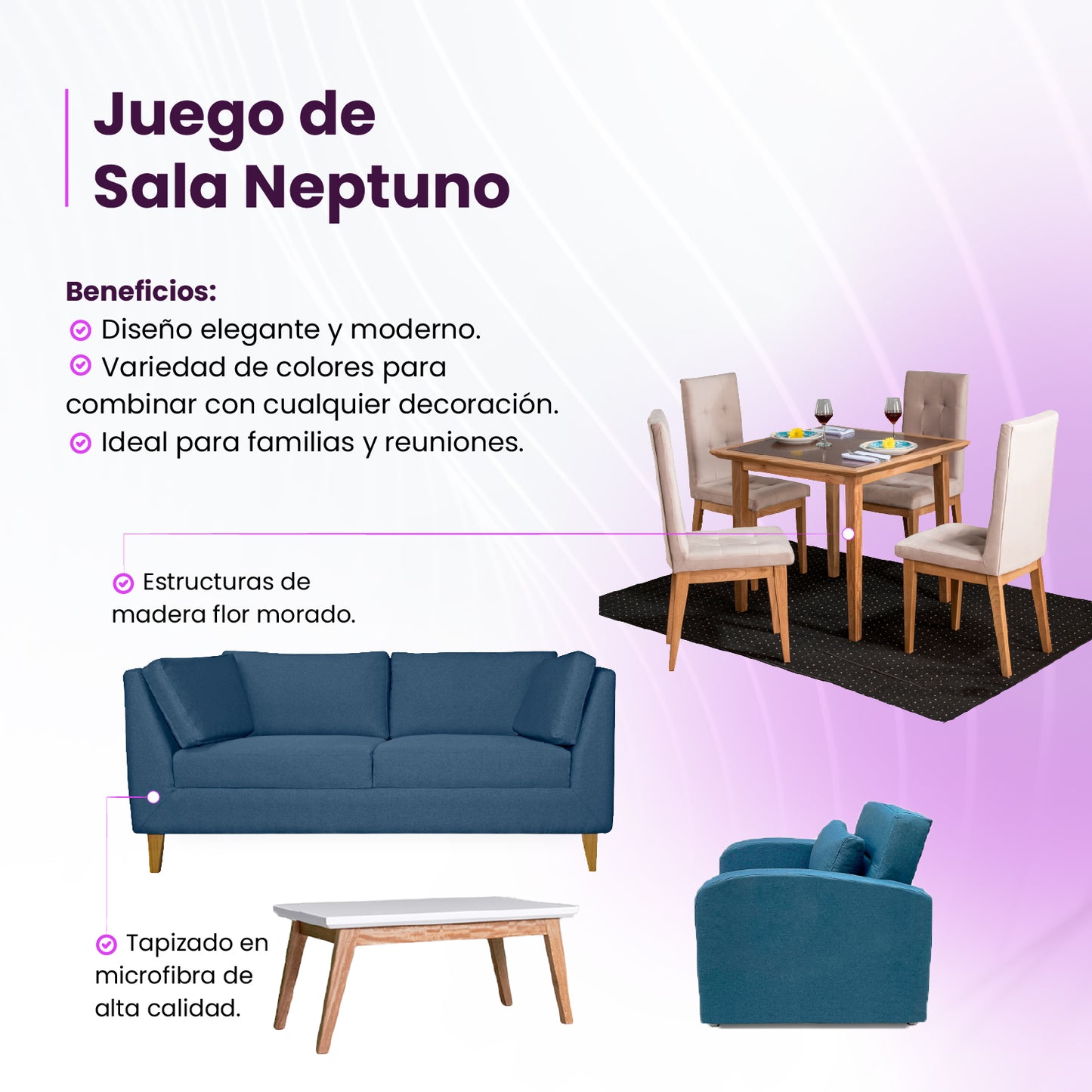 Juego de sala Neptuno (Sofá 3 Ptos + Comedor 4 Ptos + Mesa Auxiliar + Poltrona Cama)