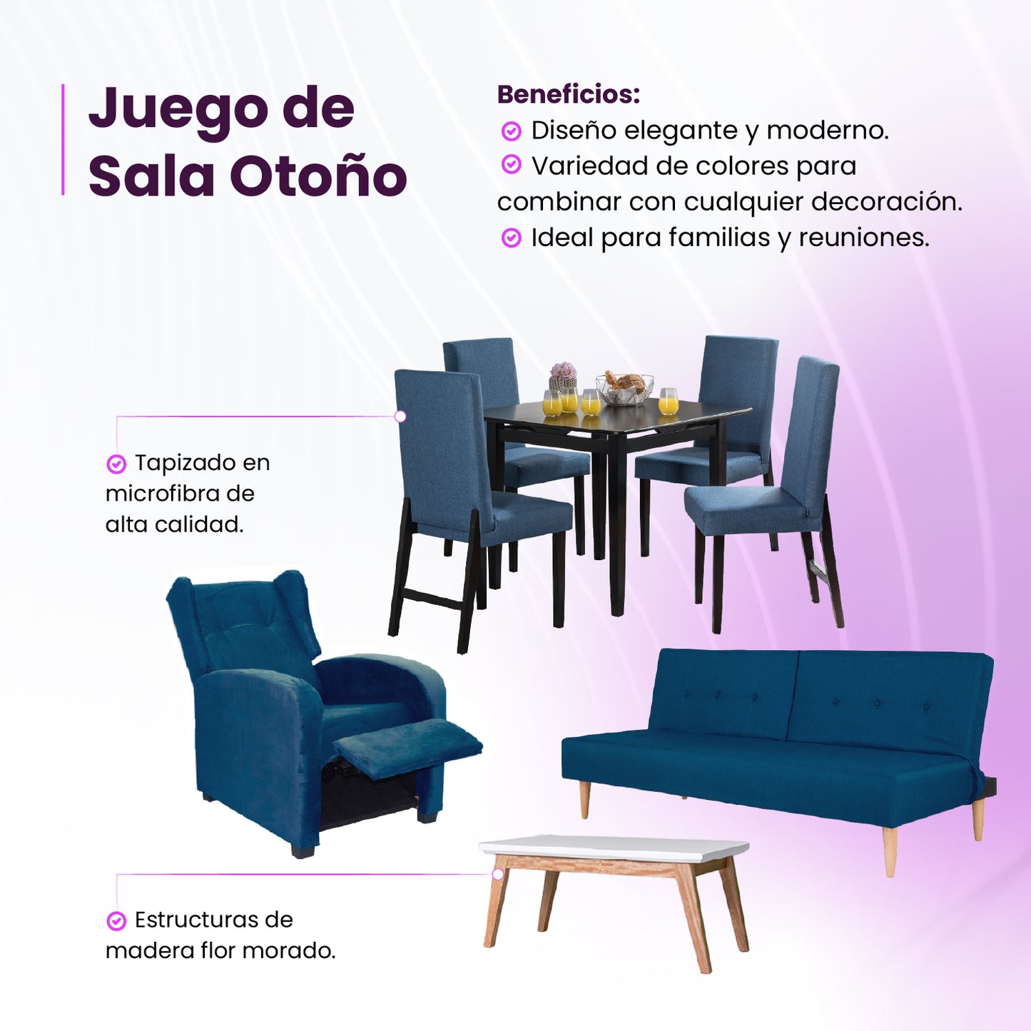 Juego de sala Otoño (Sofá Cama + Comedor 4 puestos + Mesa Auxiliar + Sillón Reclinable)