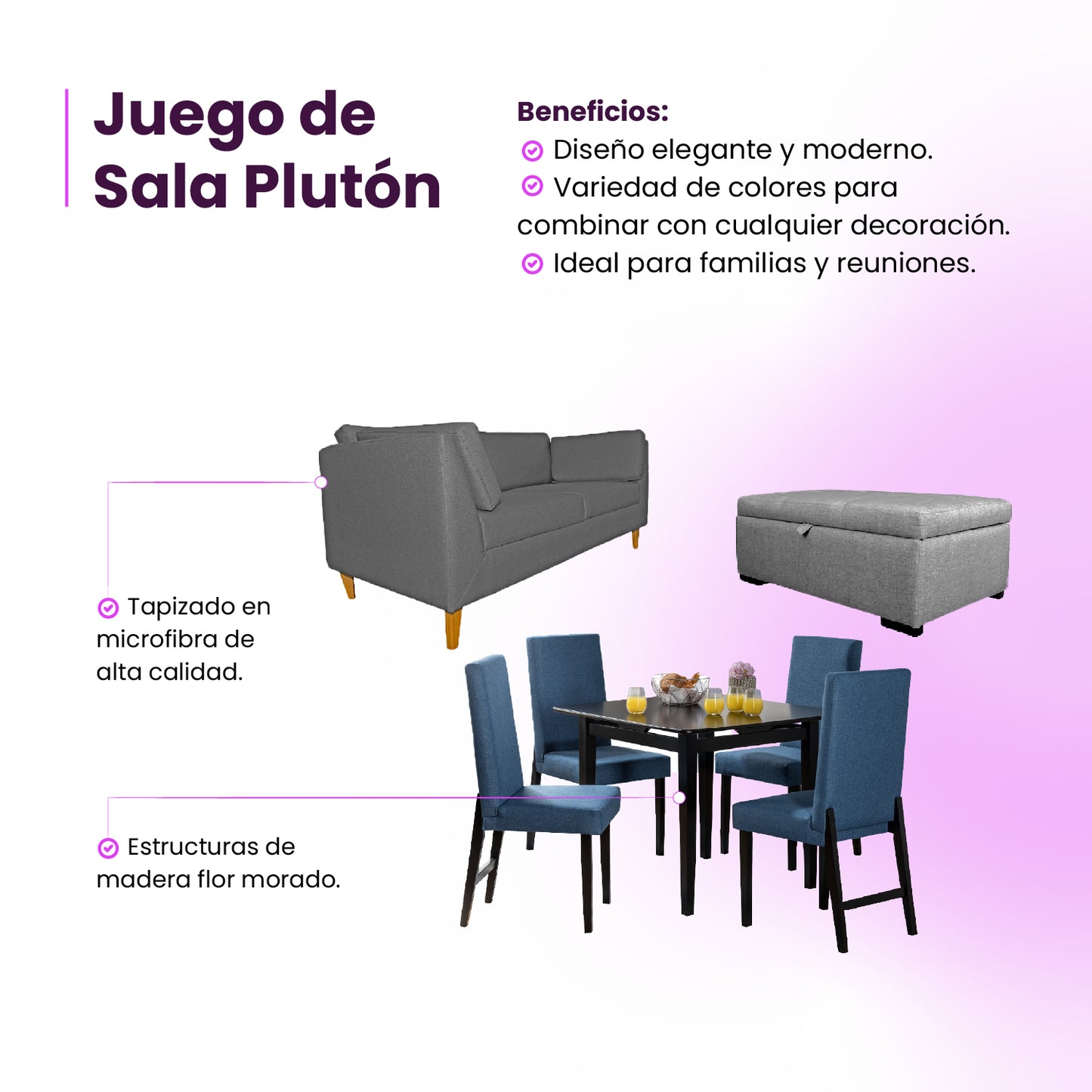 Juego de sala Plutón (Sofá 2 Ptos + Comedor 4 Ptos + Baúl Tapizado)