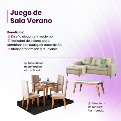 Juego de sala Verano (Sala en L Derecha + Comedor 4 puestos + Mesa Auxiliar)